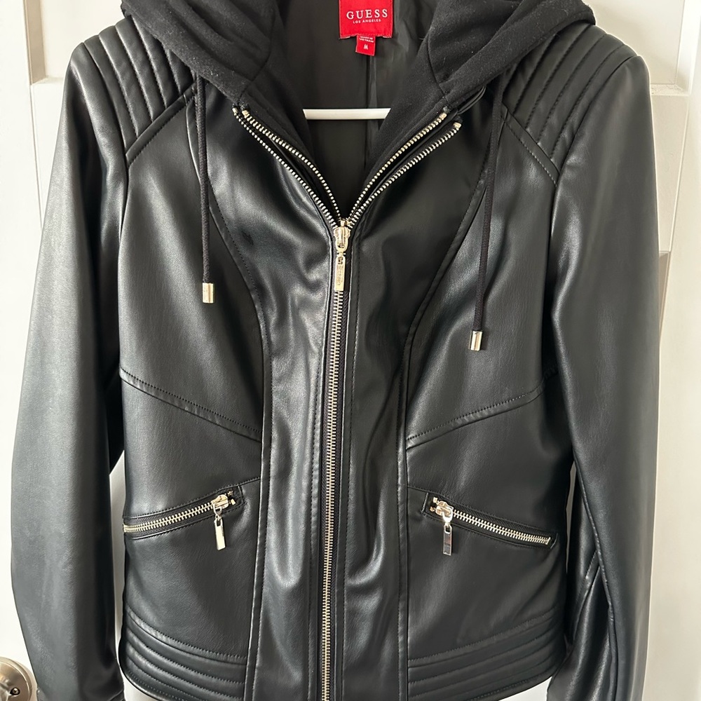 Guess Women’s Hooded Moto Faux Leather Jacket